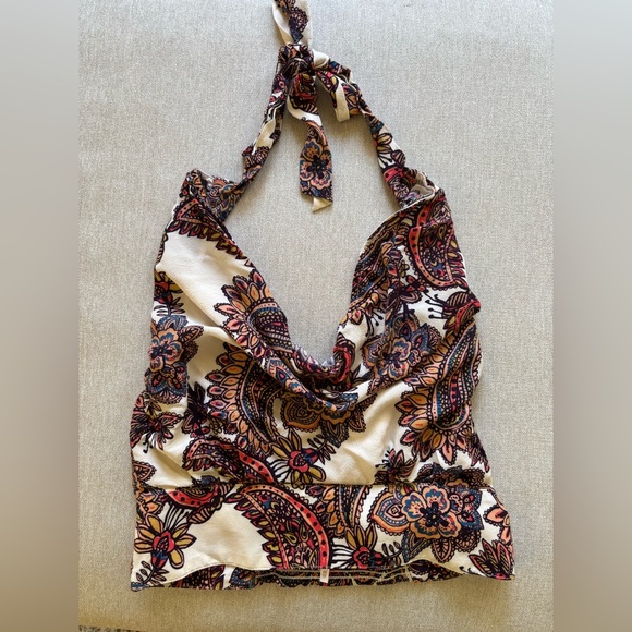 FREE PEOPLE Floral Paisley Halter Cowl Crop Top - White/Multi - Picture 2 of 4